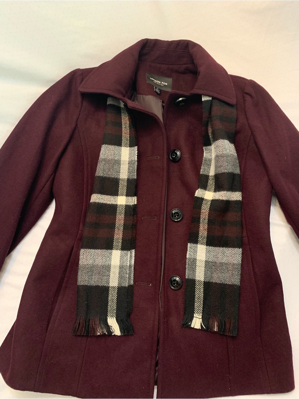 London Fog Women's Burgundy Coat with Plaid Scarf